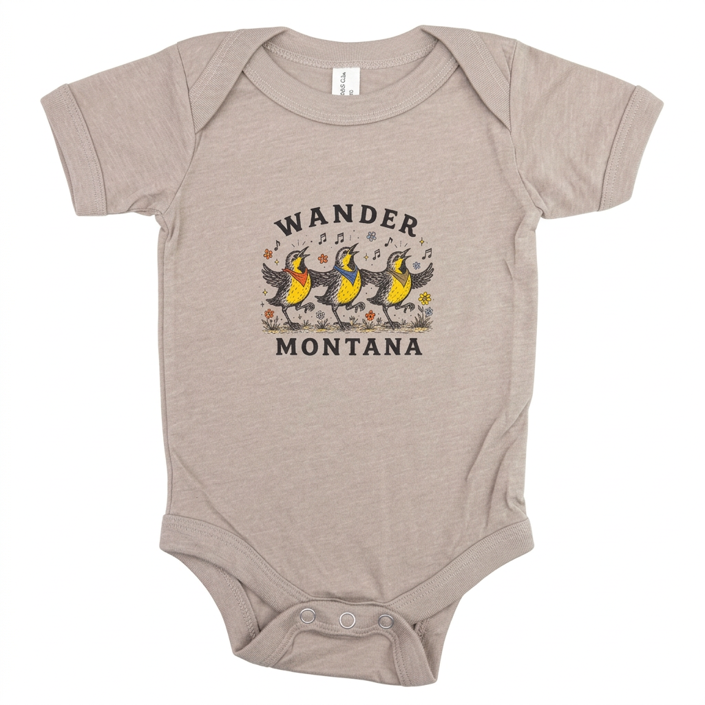 Grateful Larks Onesie with bird artwork on a white background