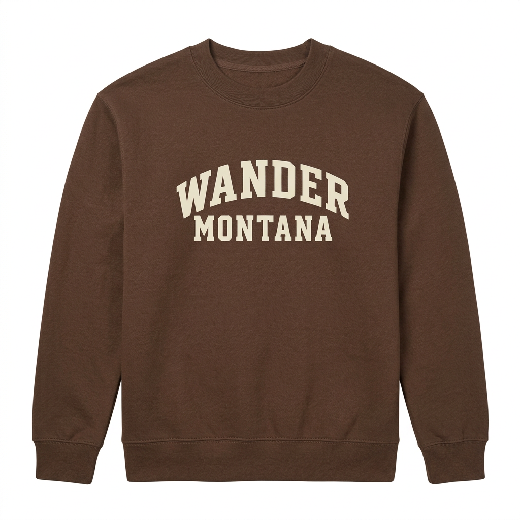 Brown Wander Montana Collegiate Sweatshirt with cream lettering on a white background