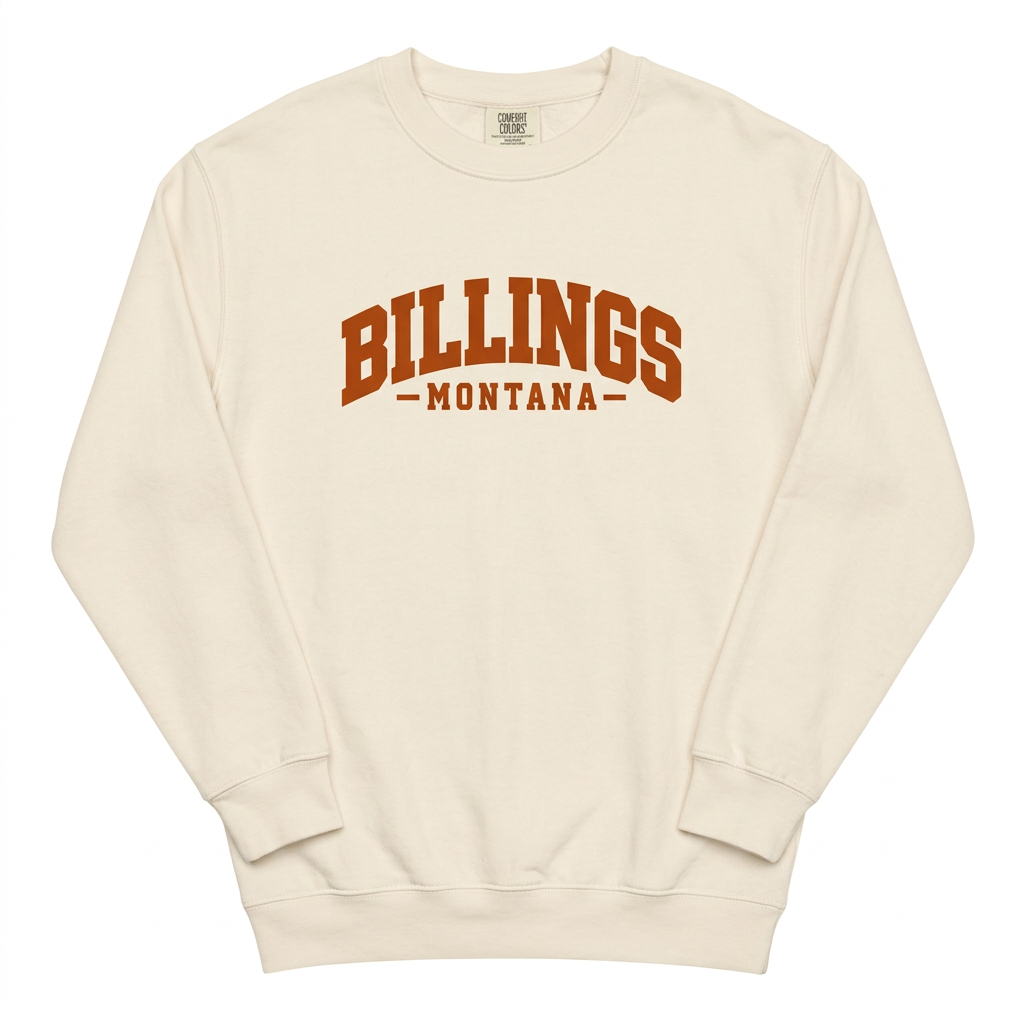 Cream Billings Montana crewneck sweatshirt with burnt-orange lettering on a white background