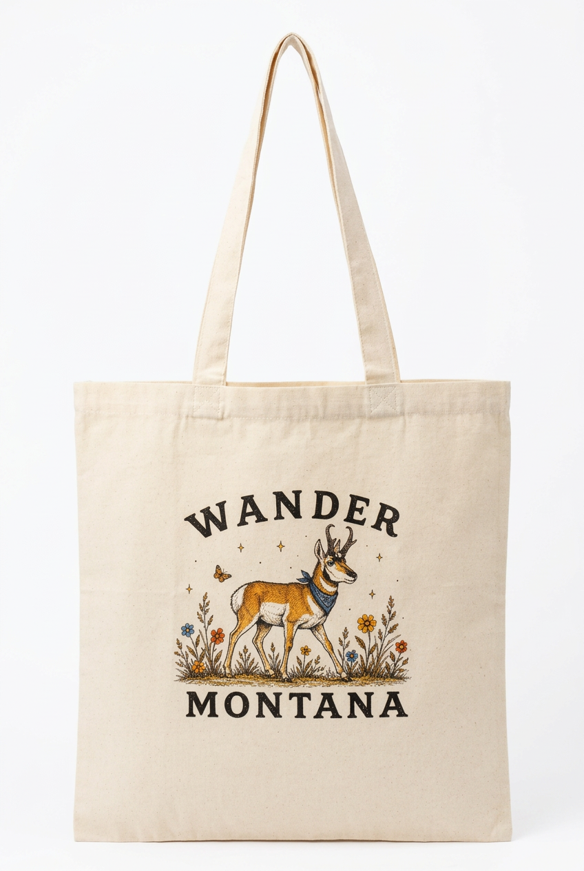 Wandering Pronghorn Tote on white with blue-bandana pronghorn and wildflower artwork