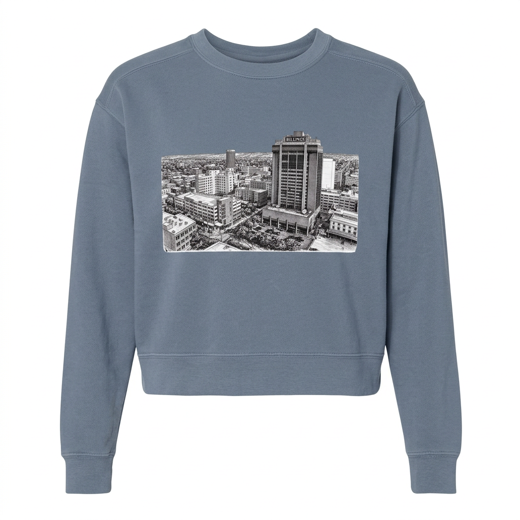 Above Billings Women's Cropped Sweatshirt on a white background without hanger or neckline tag