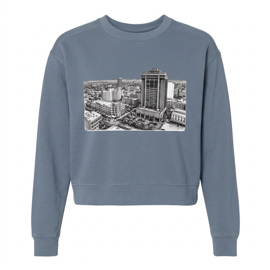Above Billings Women's Cropped Sweatshirt on a white background without hanger or neckline tag