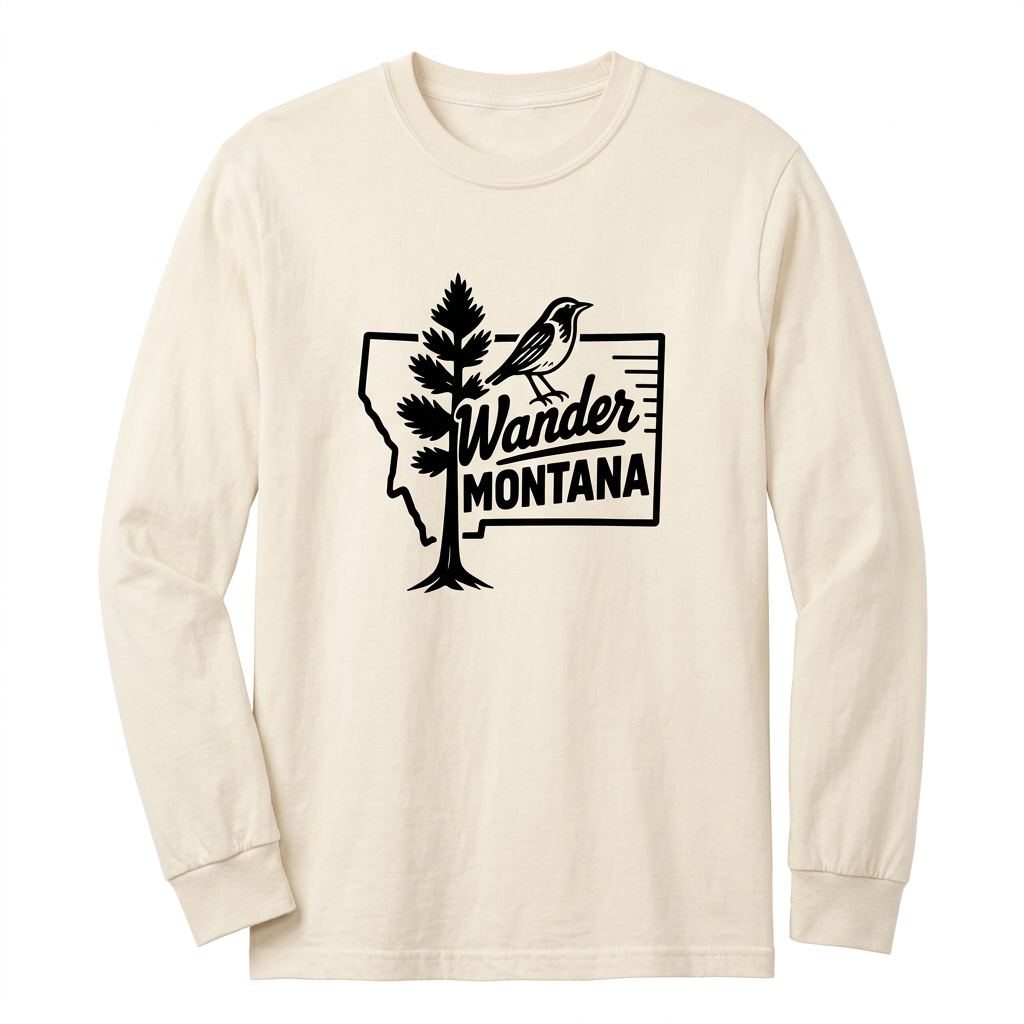 Ivory Lark Tree Postcard Long Sleeve Tee with black Montana artwork on a white background