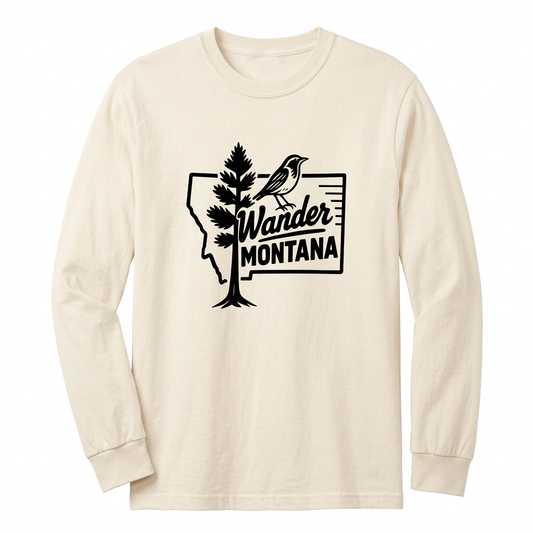 Ivory Lark Tree Postcard Long Sleeve Tee with black Montana artwork on a white background
