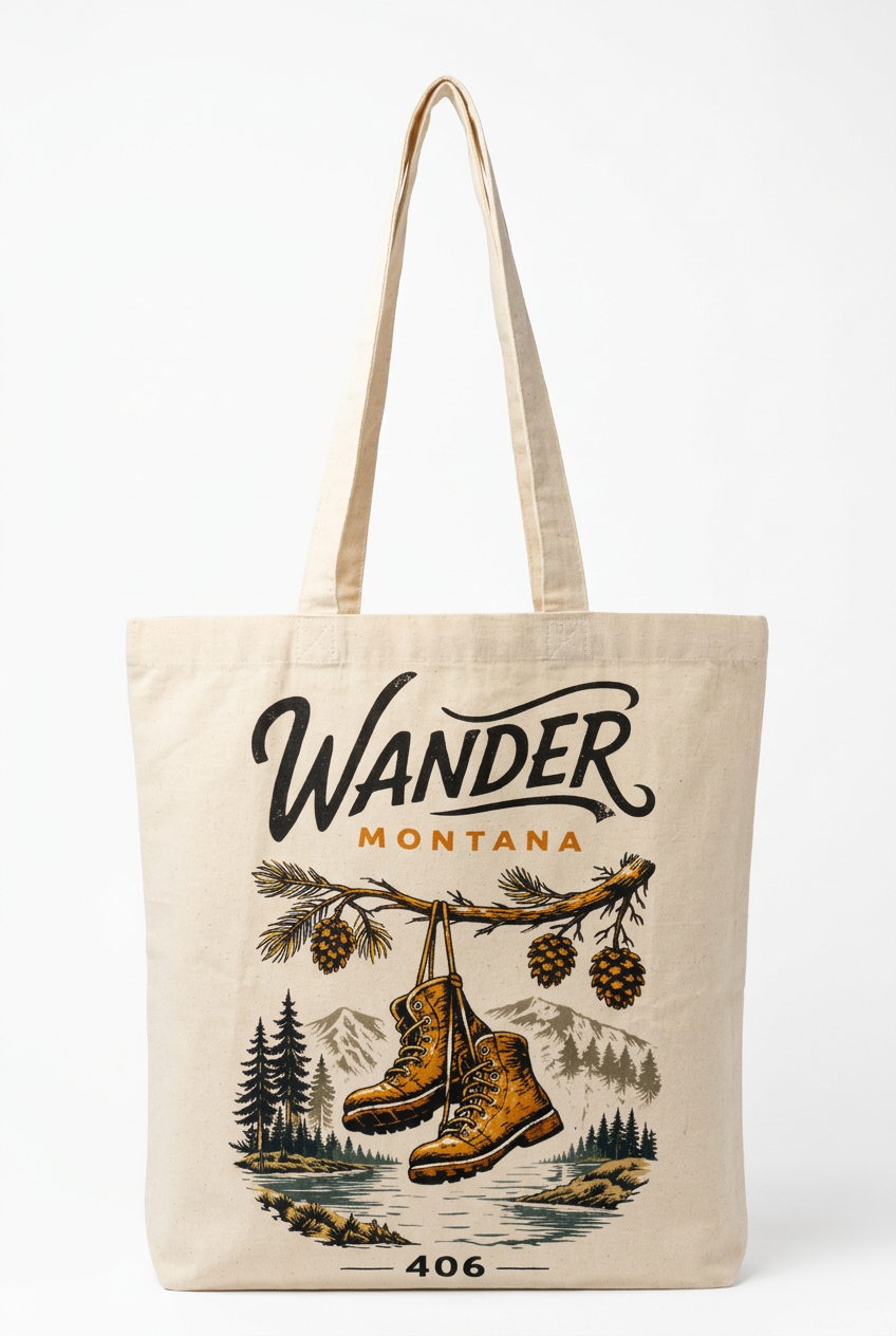 Boots on a Branch Tote with its photographed shape on a white background, wall hook removed