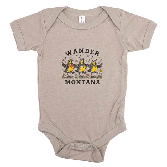 Grateful Larks Onesie with bird artwork on a white background