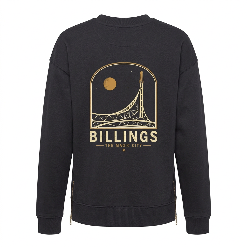 Women’s Side Zip Magic City Sweatshirt back with Billings artwork on a white background