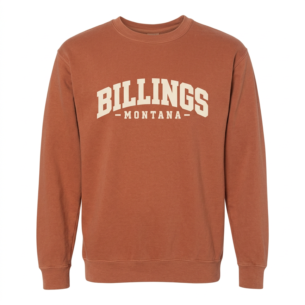 Rust Billings Montana Crewneck Sweatshirt with cream lettering on a white background