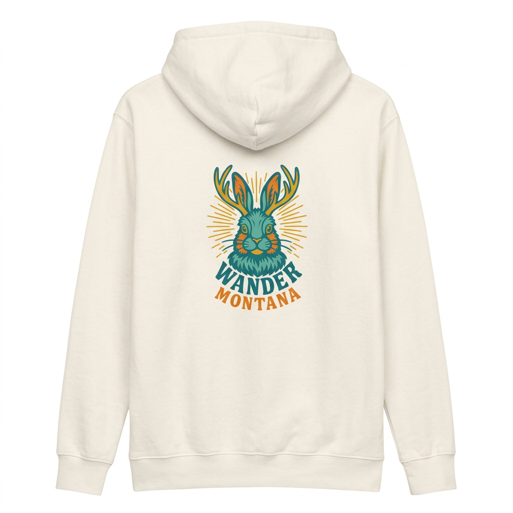 Jack Hoodie back with multicolor jackalope and Wander Montana artwork