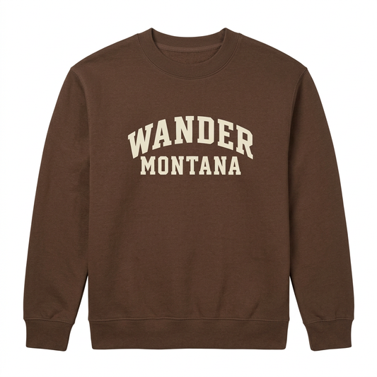 Brown Wander Montana Collegiate Sweatshirt with cream lettering on a white background