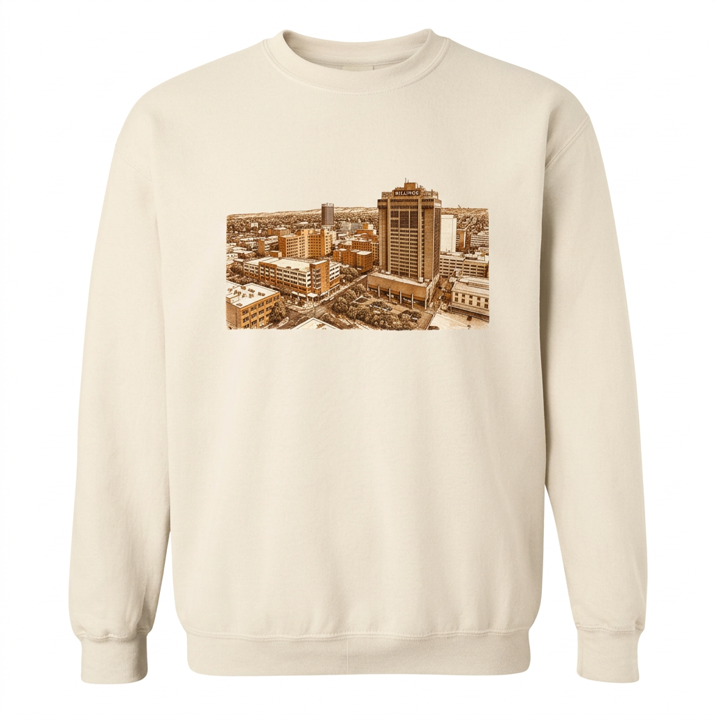 Ivory Above Billings Warm Tones sweatshirt with cityscape print on a white background