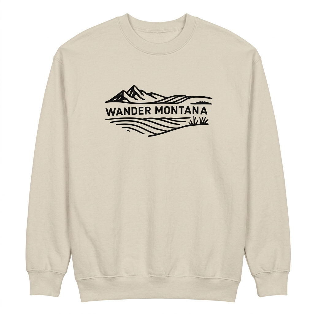 Wander Montana Logo Sweatshirt with black mountain artwork on a white background