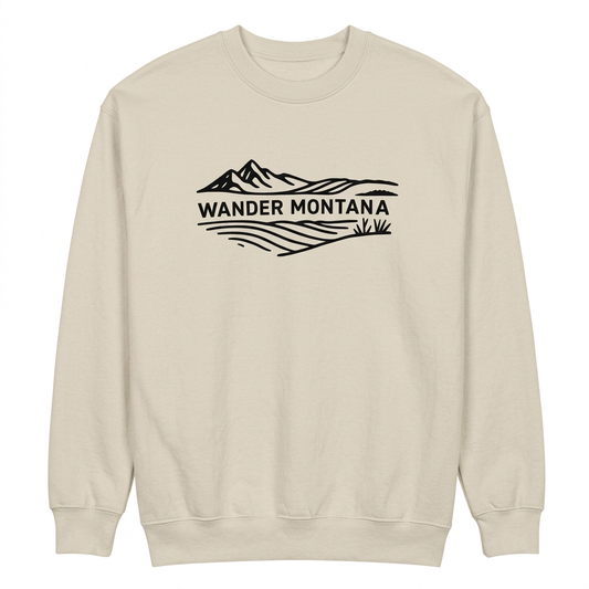 Wander Montana Logo Sweatshirt with black mountain artwork on a white background