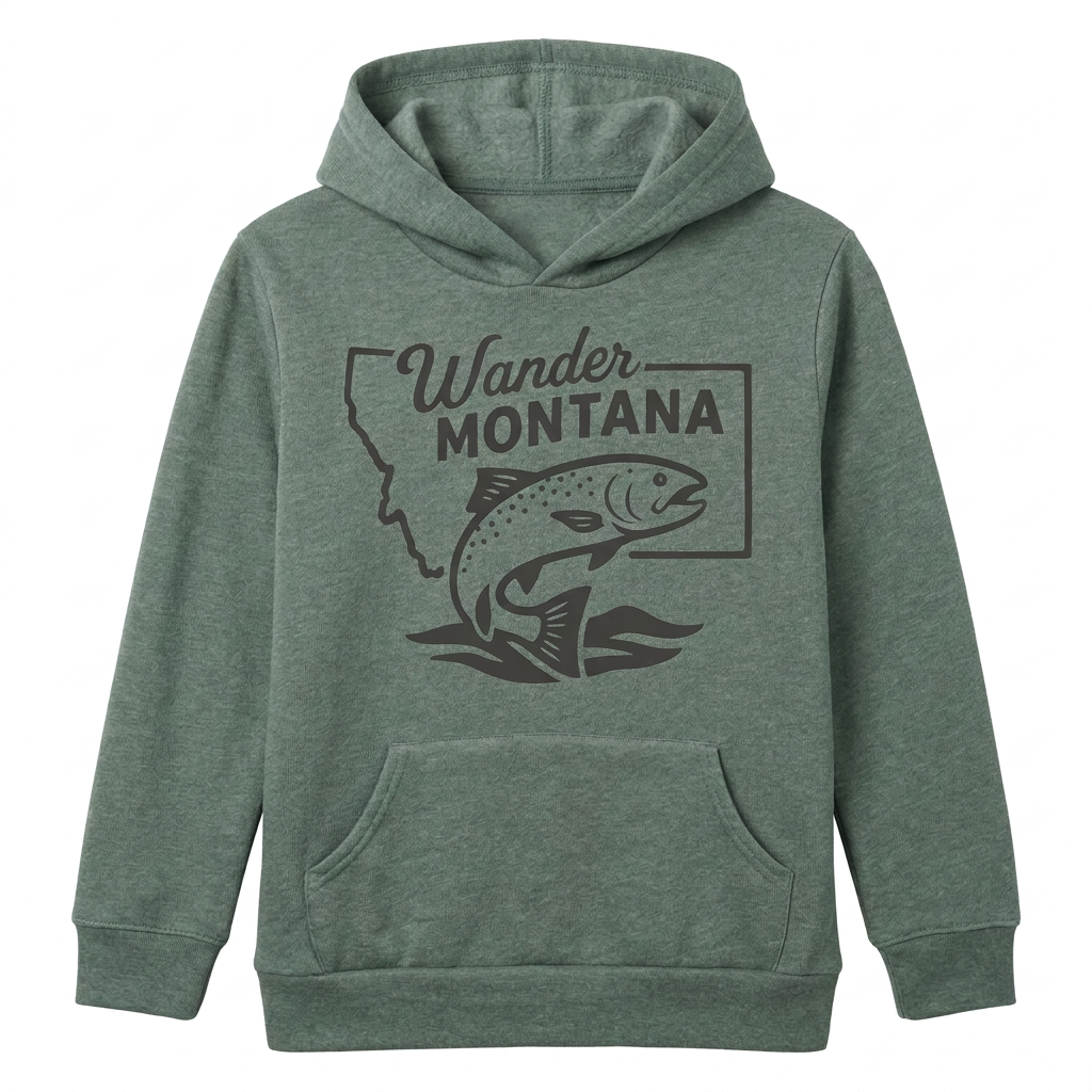 Children's Trout Hoodie on a white background with hanger and neckline tag removed