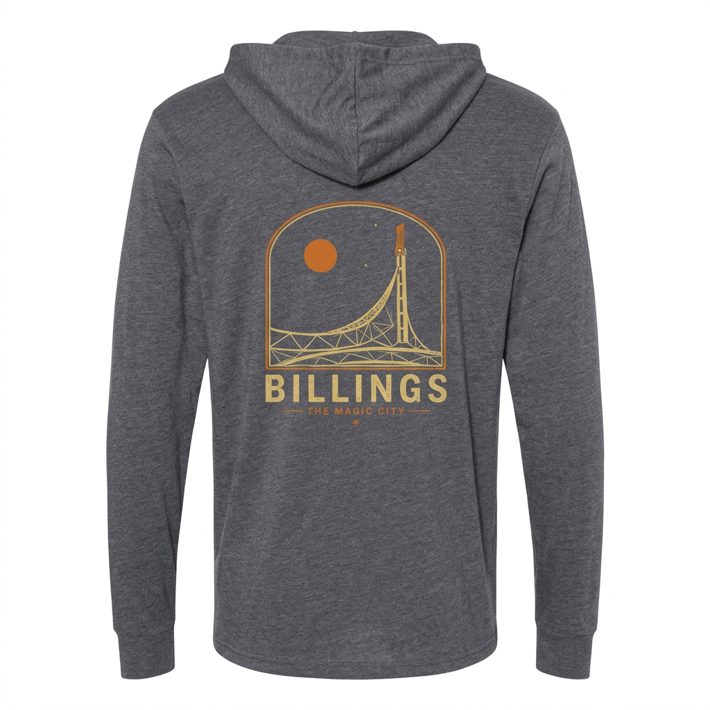 Magic City Skypoint Hooded Long Sleeve Tee back with Billings artwork on a white background