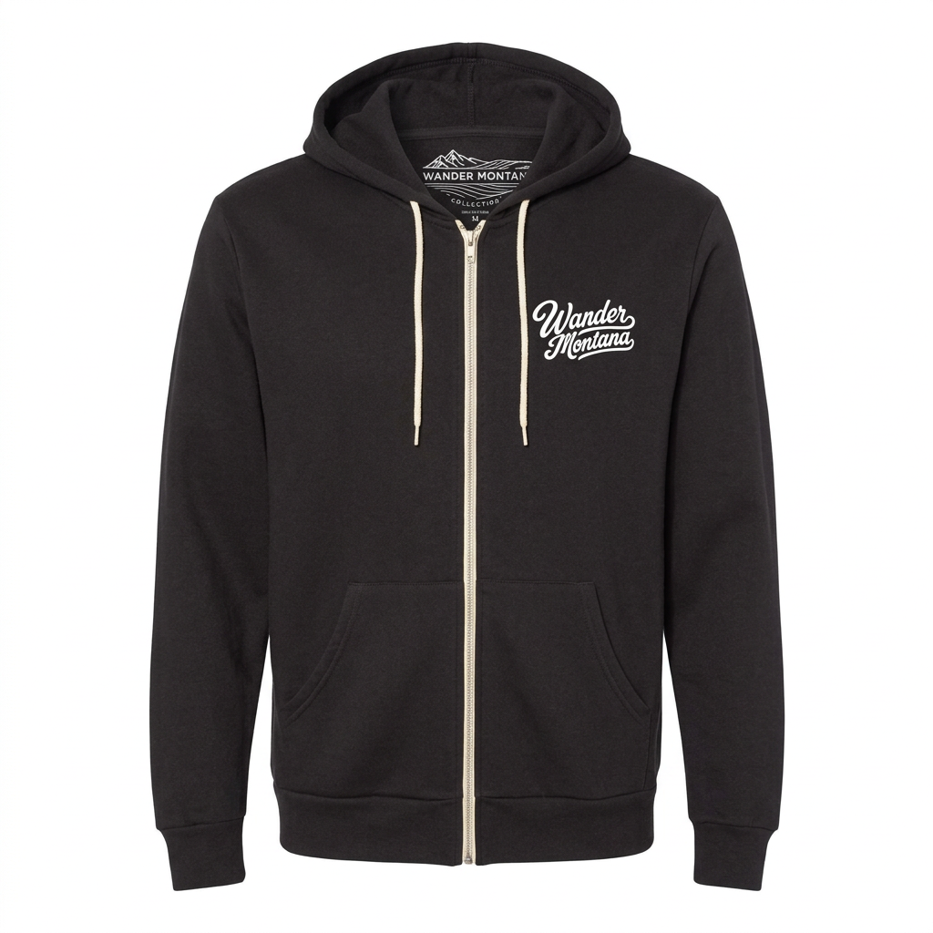 Happy Squatch Hoodie front with Wander Montana script on a white background