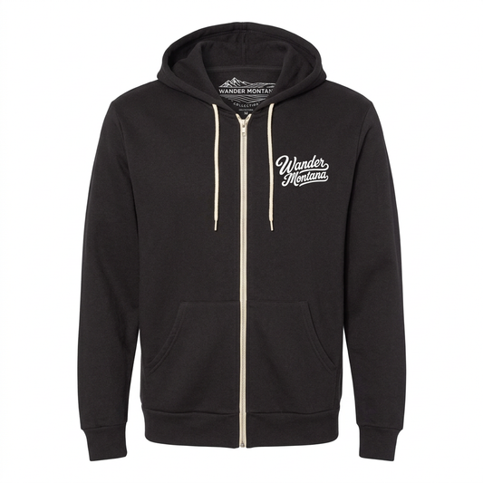 Happy Squatch Hoodie front with Wander Montana script on a white background