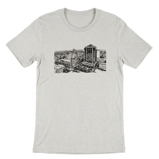 Above Billings Tee on white with hanger and neckline tag removed