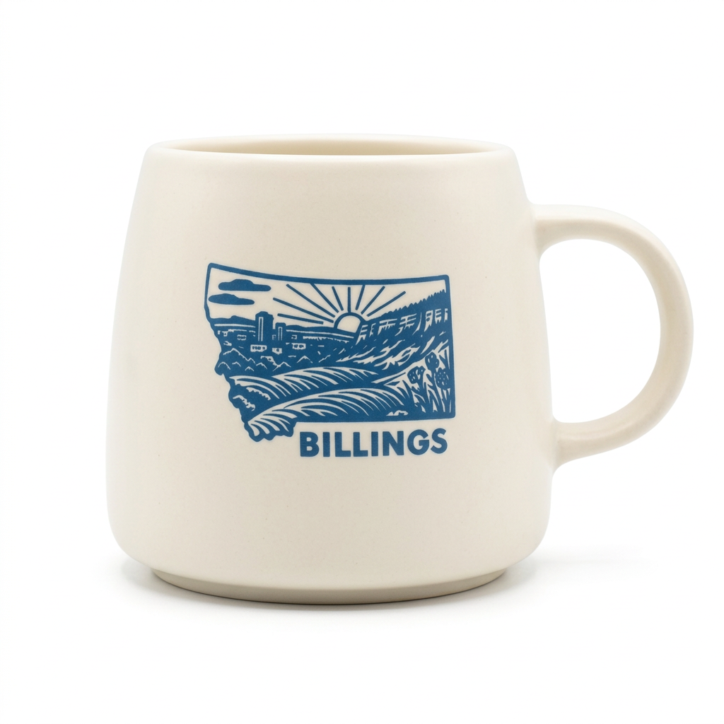 Cream Billings mug with blue landscape artwork and a right-side handle on a white background