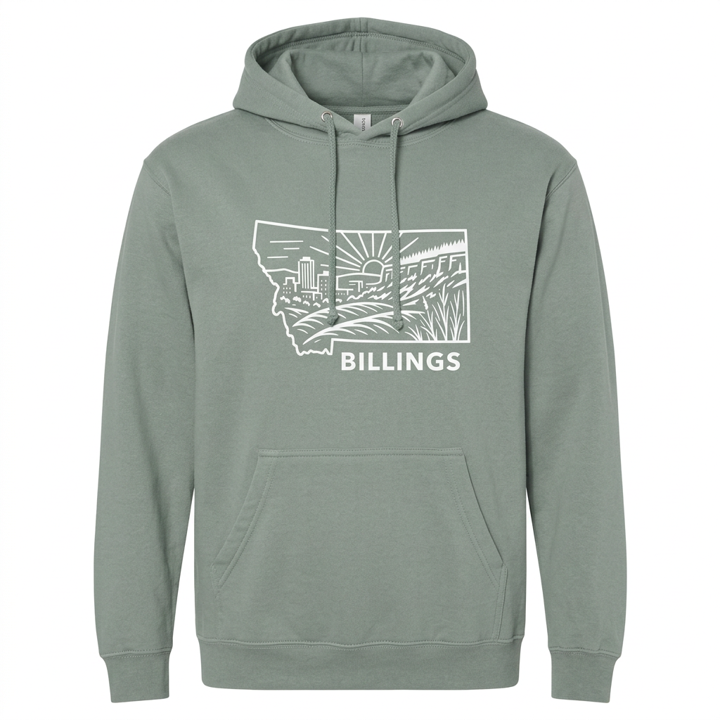 Home on the Rims Hoodie with Billings landscape artwork on a white background