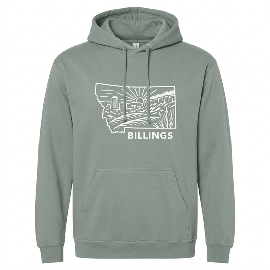 Home on the Rims Hoodie with Billings landscape artwork on a white background