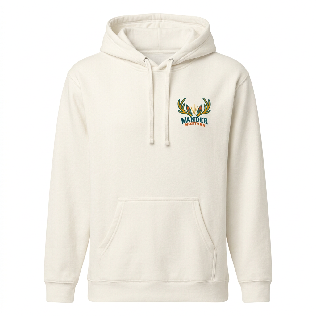Jack Hoodie front with small Wander Montana antler chest artwork