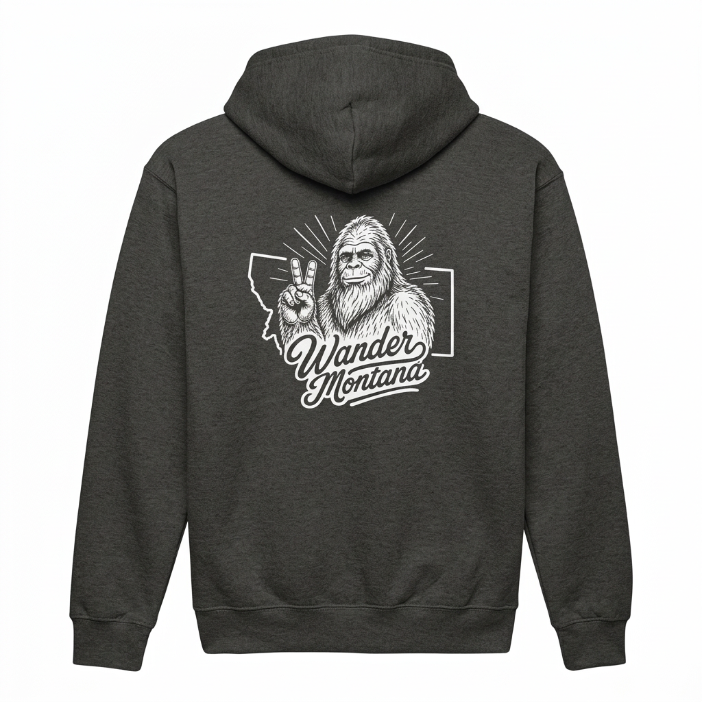 Happy Squatch Hoodie back with smiling Bigfoot peace-sign artwork on a white background